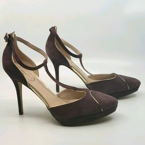 L'Atelier London Purple/gold trimmed t-strap heels